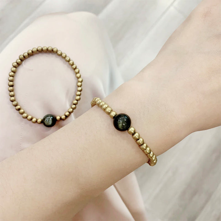 Pulsera de obsidiana con Buddha Stones , cobre, latón y brillo dorado para proteger la riqueza - image 2