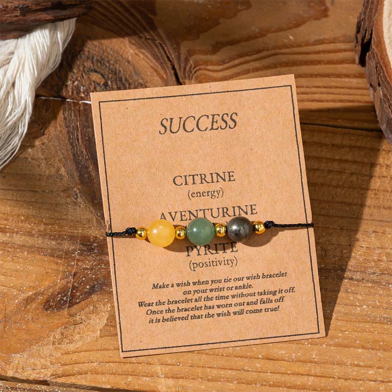 Pulsera de cuerda con tarjeta de éxito de Buddha Stones, citrino, aventurina verde y pirita - Cuentas redondas (circunferencia de la muñeca: 14-23 cm) - image 1