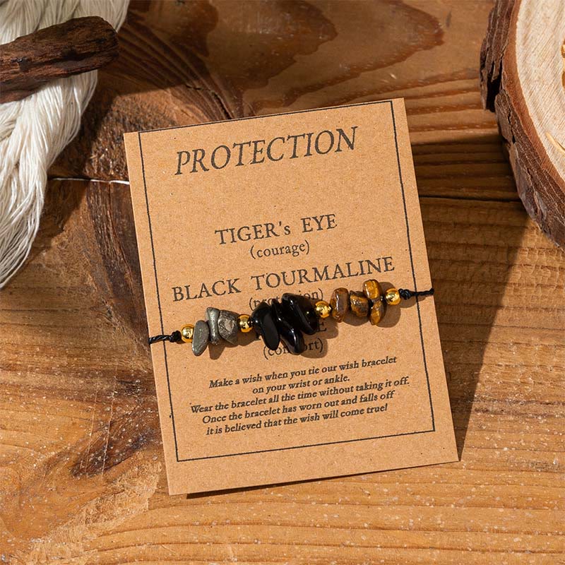 Pulsera de cuerda con tarjeta de protección de pirita, turmalina negra y ojo de tigre de Buddha Stones - Cuentas irregulares (circunferencia de la muñeca: 14-23 cm) - image 0