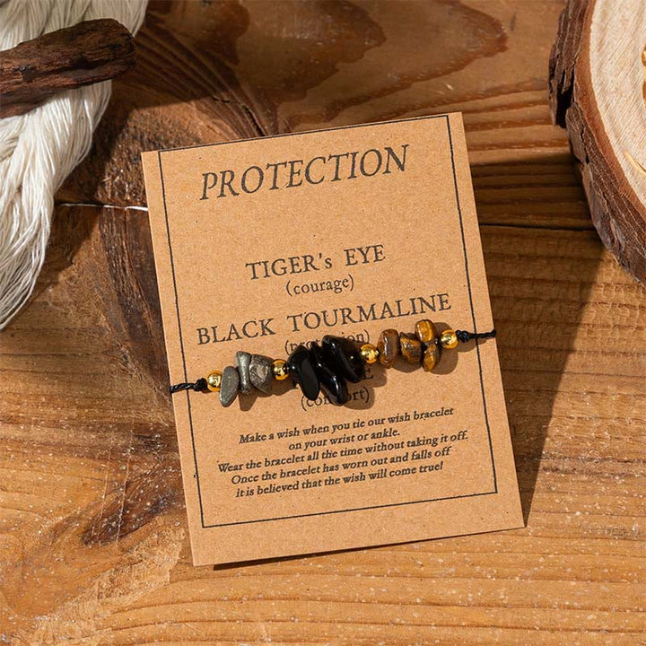 Pulsera de cuerda con tarjeta de protección de pirita, turmalina negra y ojo de tigre de Buddha Stones - Cuentas irregulares (circunferencia de la muñeca: 14-23 cm) - image 0