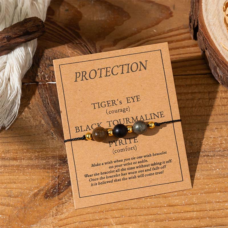 Pulsera de cuerda con tarjeta de protección de pirita, turmalina negra y ojo de tigre de Buddha Stones - Cuentas redondas (circunferencia de la muñeca: 14-23 cm) - image 1