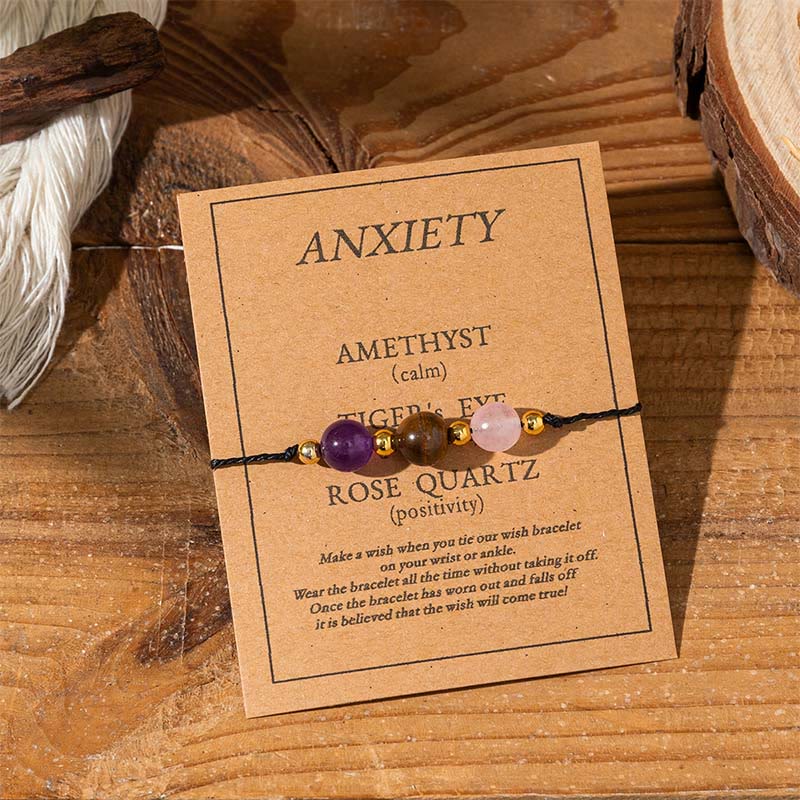 Pulsera de cuerda con Buddha Stones, amatista, ojo de tigre, cuarzo rosa, protección contra la ansiedad - Cuentas redondas (circunferencia de la muñeca: 14-23 cm) - image 1