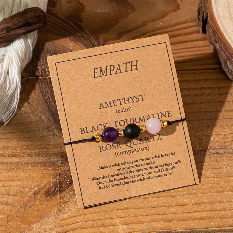 Pulsera de cuerda con Buddha Stones, amatista, turmalina negra, cuarzo rosa y tarjeta de empatía - Cuentas redondas (circunferencia de la muñeca: 14-23 cm) - image 1