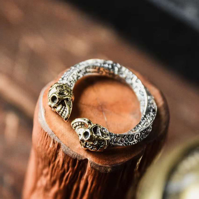 Anillo de cobre con doble calavera y Buddha Stones , el Señor del Bosque Cadáver, para alejar los malos espíritus. - Doble calavera - image 0
