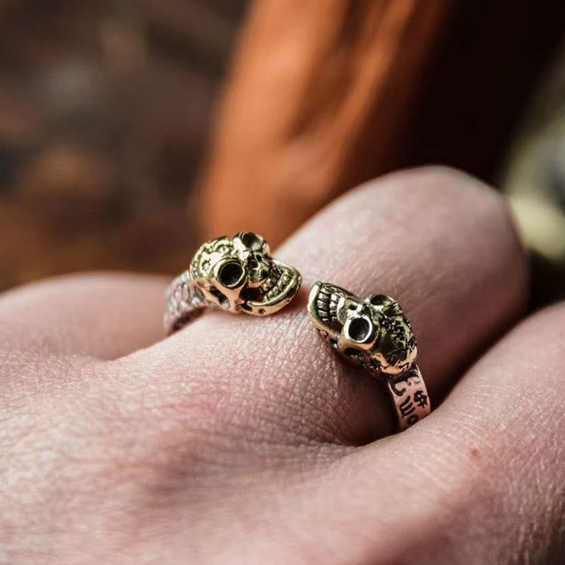 Anillo de cobre con doble calavera y Buddha Stones , el Señor del Bosque Cadáver, para alejar los malos espíritus. - image 2