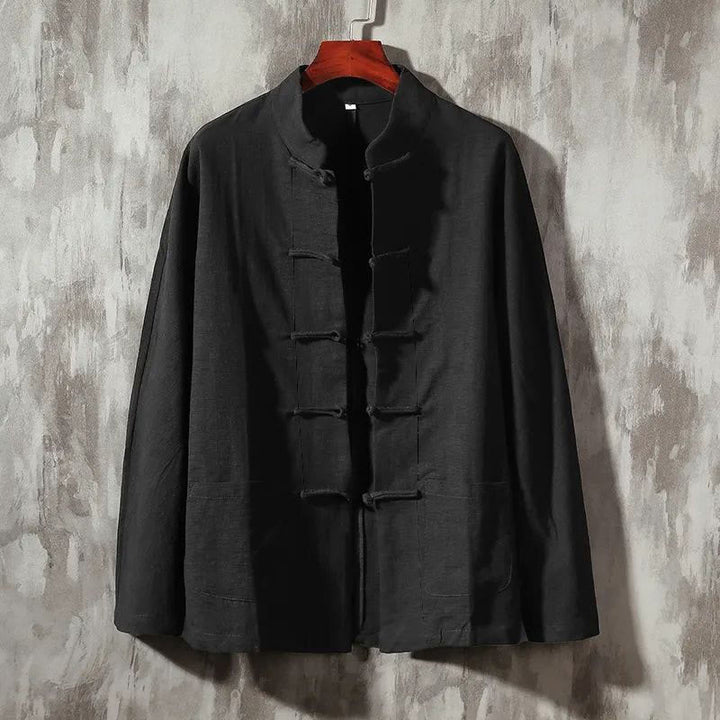 Camisa informal de lino y algodón con cuello alto y Buddha Stones - Negro - US/UK/AU44, EU54 (5XL) - image 6