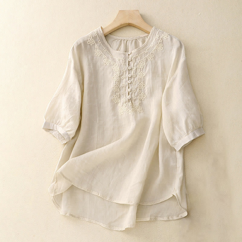 Camisa informal de media manga con diseño de hebilla de rana y diseño sencillo de Buddha Stones para mujer - Marfil - US8-10，UK/AU12-14，EU40-42 (2XL) - image 7