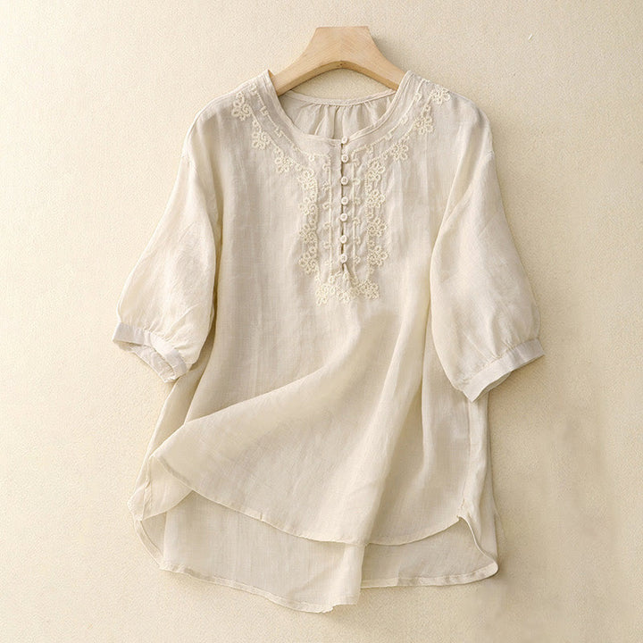 Camisa informal de media manga con diseño de hebilla de rana y diseño sencillo de Buddha Stones para mujer - Marfil - US8-10，UK/AU12-14，EU40-42 (2XL) - image 7