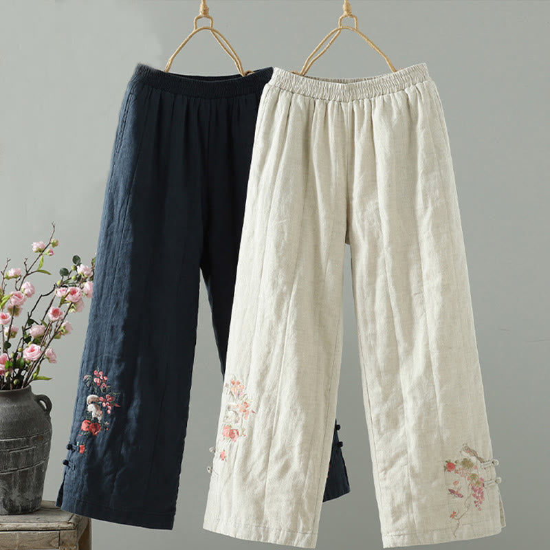 Pantalones anchos de algodón acolchados con botones de rana bordados con Buddha Stones para mujer, con bolsillos - Azul medianoche - US8-10，UK/AU12-14，EU40-42 (2XL) - image 0