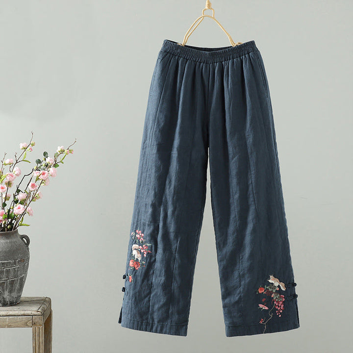Pantalones anchos acolchados con botones de rana bordados con Buddha Stones para mujer con bolsillos - image 1