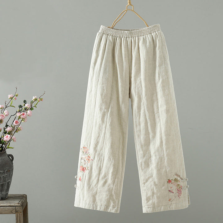 Pantalones anchos acolchados con botones de rana bordados con Buddha Stones para mujer con bolsillos - Beige - US8-10，UK/AU12-14，EU40-42 (2XL) - image 6