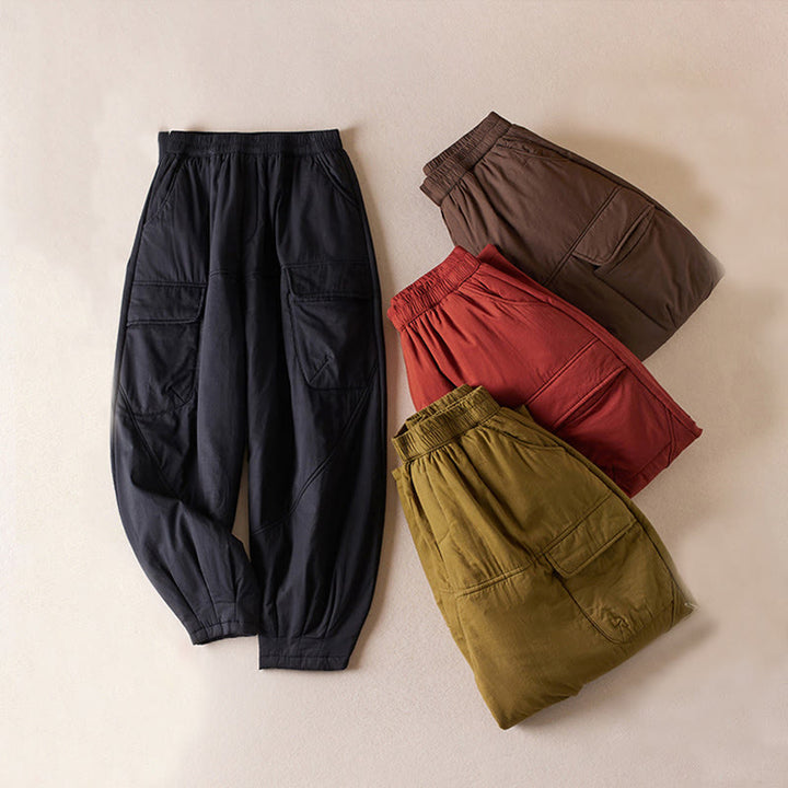 Pantalones harén de algodón gruesos con bolsillos y relleno de algodón liso Buddha Stones para mujer - image 0