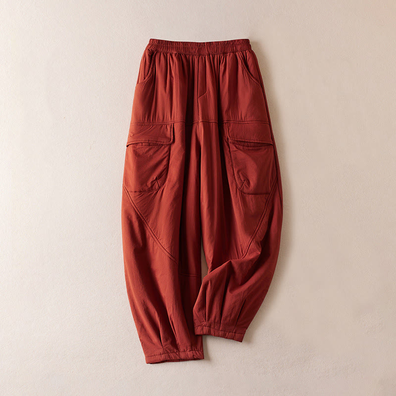 Pantalones harén de algodón gruesos con bolsillos y relleno de algodón liso Buddha Stones para mujer - Ladrillo refractario - US8-10，UK/AU12-14，EU40-42 (2XL) - image 15