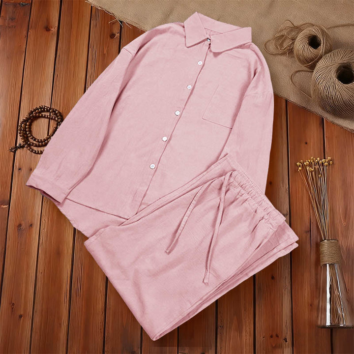 Conjunto de 2 piezas de camisa de manga larga con bolsillos y pantalones con cordón para meditación, de algodón y lino, con Buddha Stones , para mujer - image 7