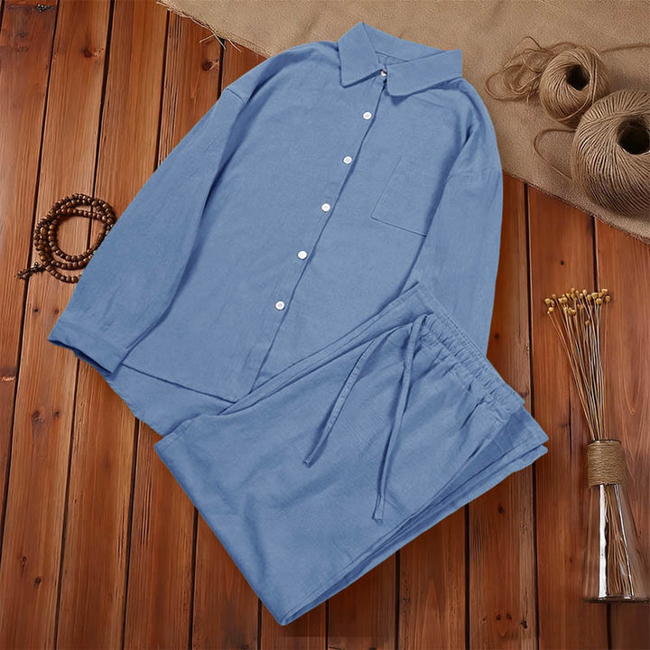 Conjunto de 2 piezas de camisa de manga larga con bolsillos y pantalones con cordón para meditación, de algodón y lino, con Buddha Stones , para mujer - image 19