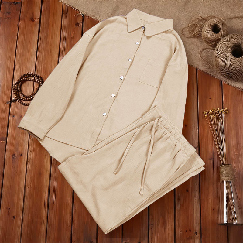Conjunto de 2 piezas de camisa de manga larga con bolsillos y pantalones con cordón para meditación, de algodón y lino, con Buddha Stones , para mujer - image 13