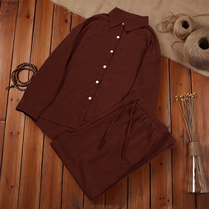Conjunto de 2 piezas de camisa de manga larga con bolsillos y pantalones con cordón para meditación, de algodón y lino, con Buddha Stones , para mujer - image 37