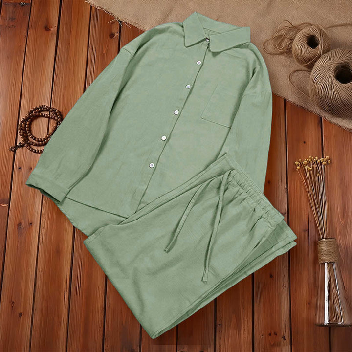 Conjunto de 2 piezas de camisa de manga larga con bolsillos y pantalones con cordón para meditación, de algodón y lino, con Buddha Stones , para mujer - image 43
