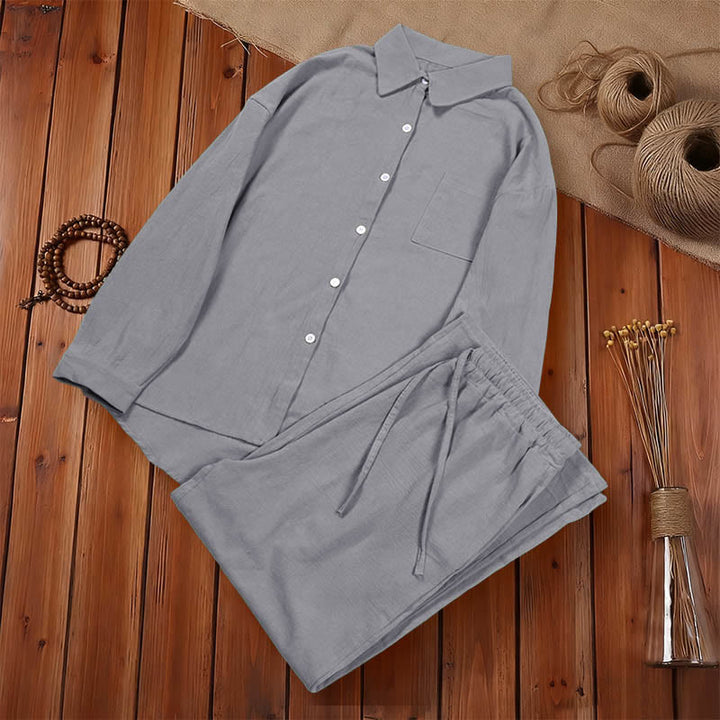 Conjunto de 2 piezas de camisa de manga larga con bolsillos y pantalones con cordón para meditación, de algodón y lino, con Buddha Stones , para mujer - image 49