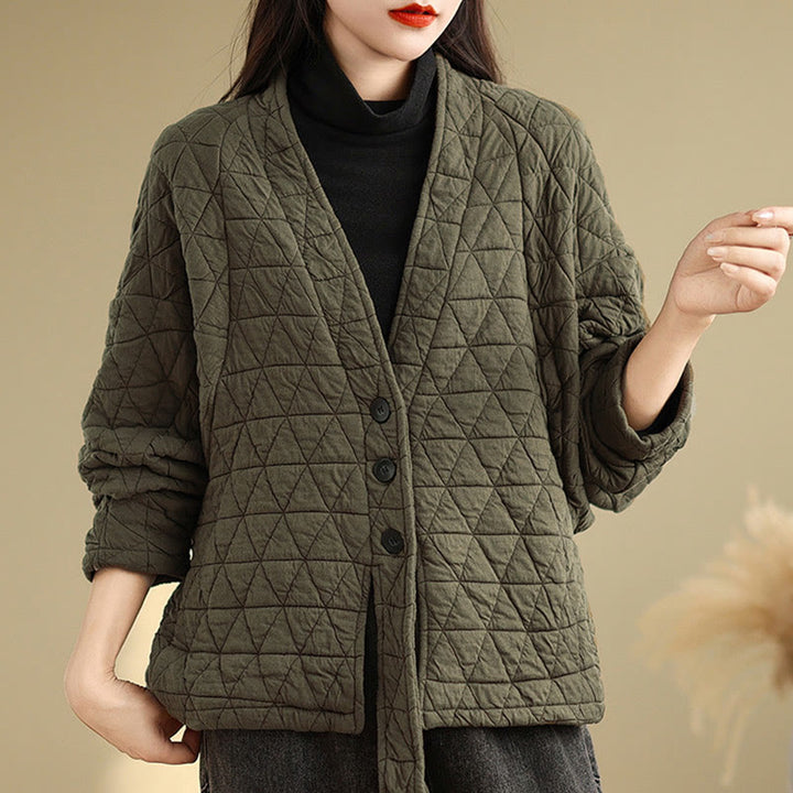 Chaqueta de algodón grueso de manga larga con botones y bolsillos para mujer de Buddha Stones - Aceituna - US14，UK/AU18，EU46 (2XL) - image 3