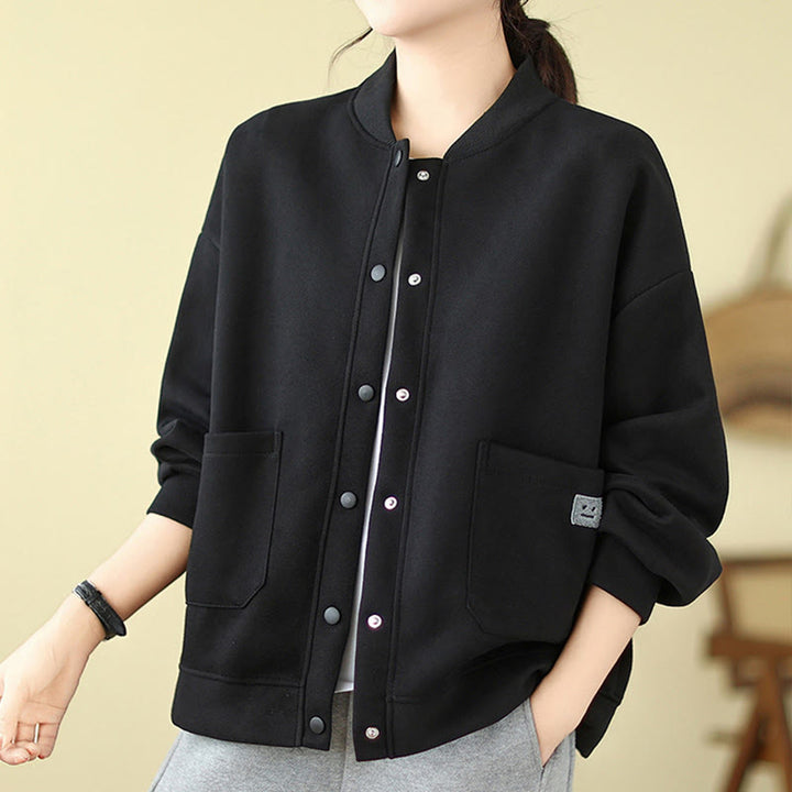 Chaqueta de algodón de manga larga con cuello redondo, botones y bolsillos para mujer de Buddha Stones - image 2
