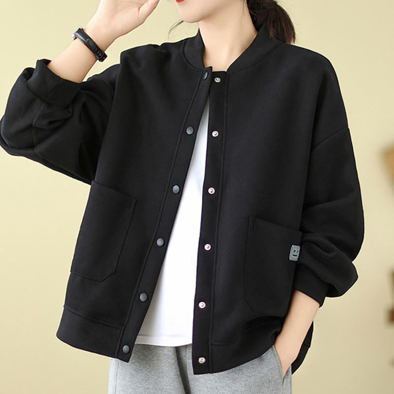 Chaqueta de algodón de manga larga con cuello redondo, botones y bolsillos para mujer de Buddha Stones - image 5