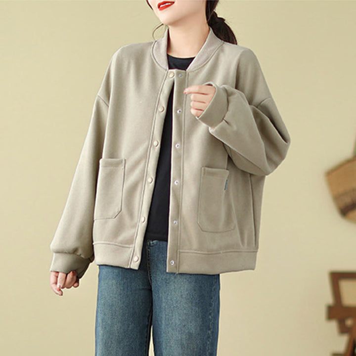 Chaqueta de algodón de manga larga con cuello redondo, botones y bolsillos para mujer de Buddha Stones - image 10