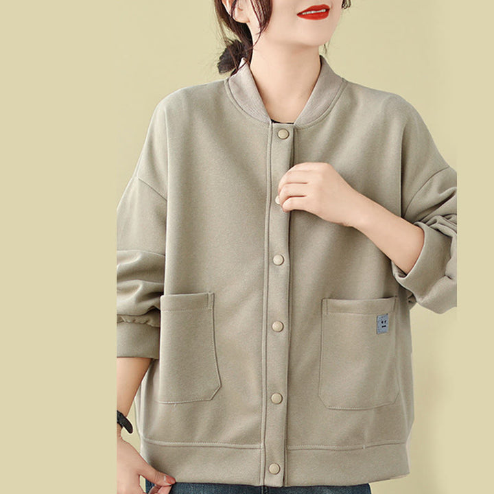 Chaqueta de algodón de manga larga con cuello redondo, botones y bolsillos para mujer de Buddha Stones - image 9