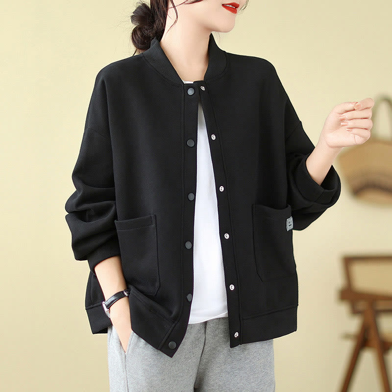 Chaqueta de algodón de manga larga con cuello redondo, botones y bolsillos para mujer de Buddha Stones - Negro - US12，UK/AU16，EU44 (XL) - image 0