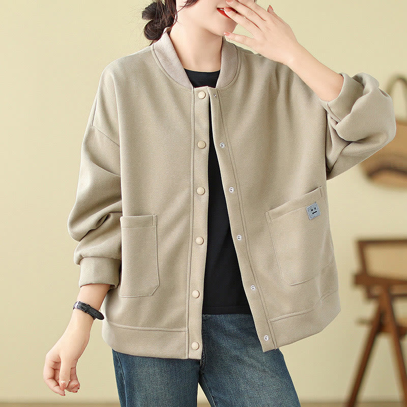 Chaqueta de algodón de manga larga con cuello redondo, botones y bolsillos para mujer de Buddha Stones - Beige - US12，UK/AU16，EU44 (XL) - image 7