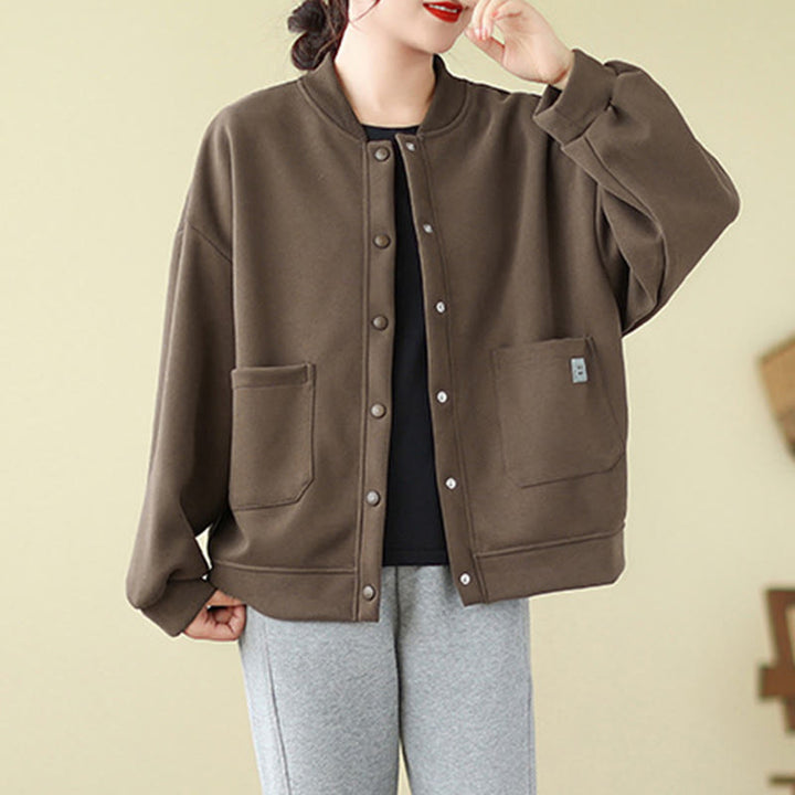 Chaqueta de algodón de manga larga con cuello redondo, botones y bolsillos para mujer de Buddha Stones - Tierra de siena - US12，UK/AU16，EU44 (XL) - image 18