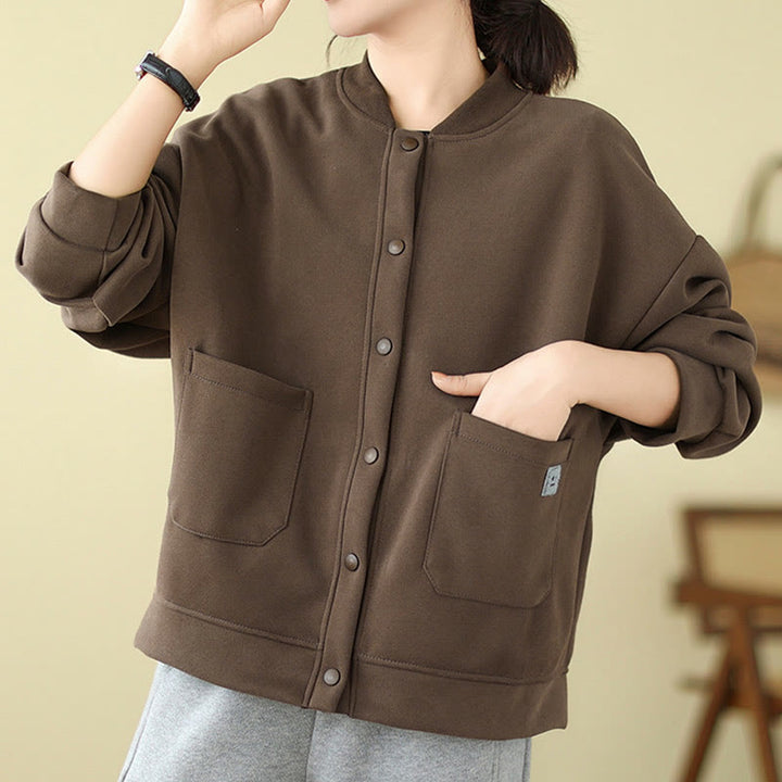 Chaqueta de algodón de manga larga con cuello redondo, botones y bolsillos para mujer de Buddha Stones - image 19