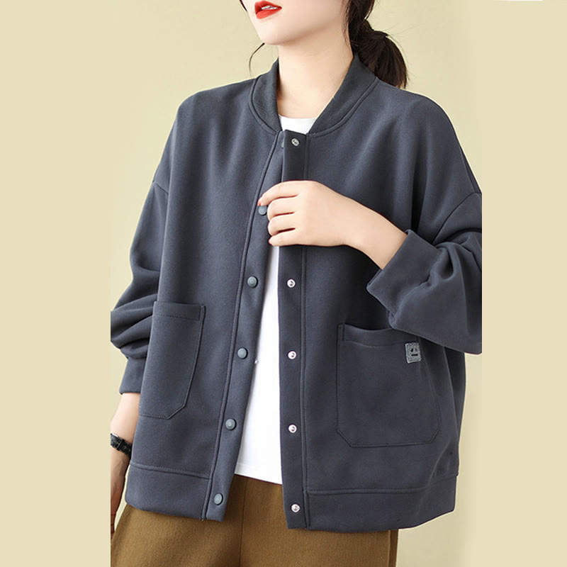 Chaqueta de algodón de manga larga con cuello redondo, botones y bolsillos para mujer de Buddha Stones - Azul acero - US12，UK/AU16，EU44 (XL) - image 24