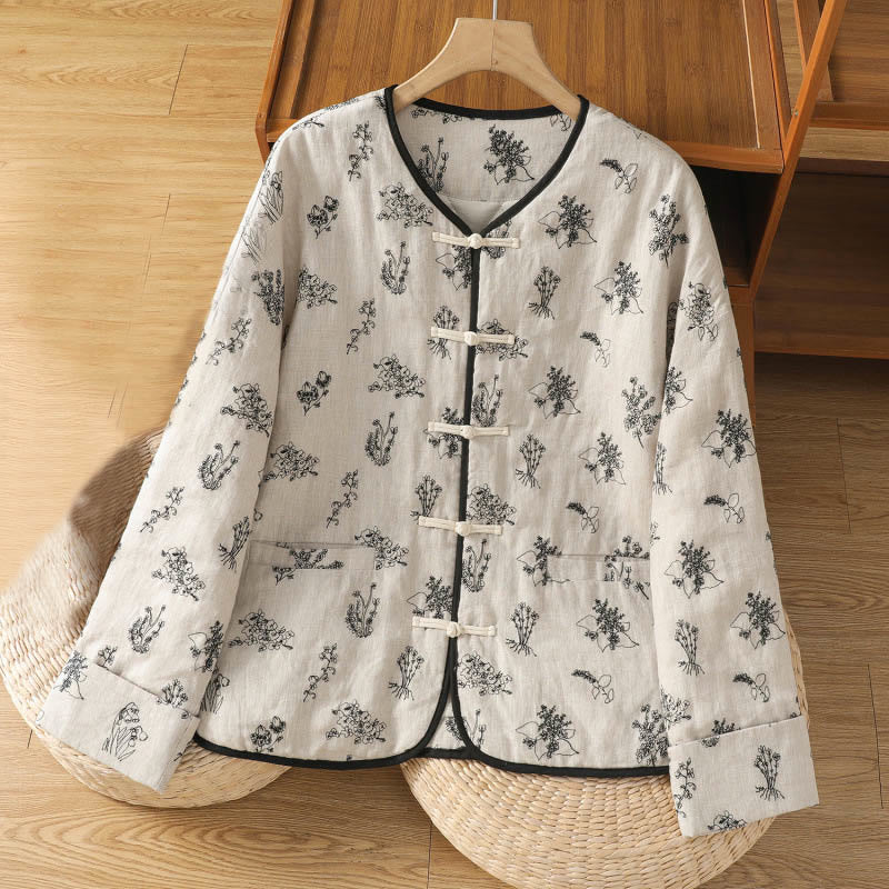 Chaqueta acolchada de algodón de manga larga con botones de rana bordados para mujer de Buddha Stones y bolsillos - Blanco - US14，UK/AU18，EU46 (2XL) - image 0