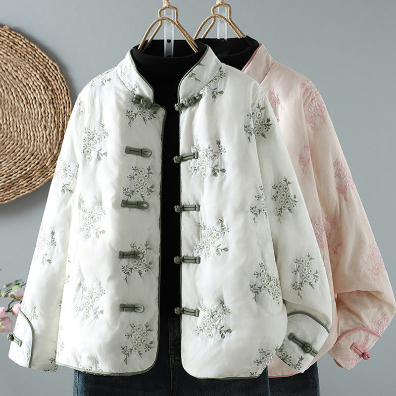 Chaqueta gruesa de algodón de manga larga con botones de rana y bordado de Buddha Stones para mujer, con bolsillos - image 0