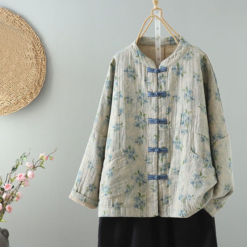 Chaqueta de poliéster de manga larga con botones de rana y bolsillos para mujer con estampado floral de Buddha Stones - Cian claro - US14，UK/AU18，EU46 (2XL) - image 16