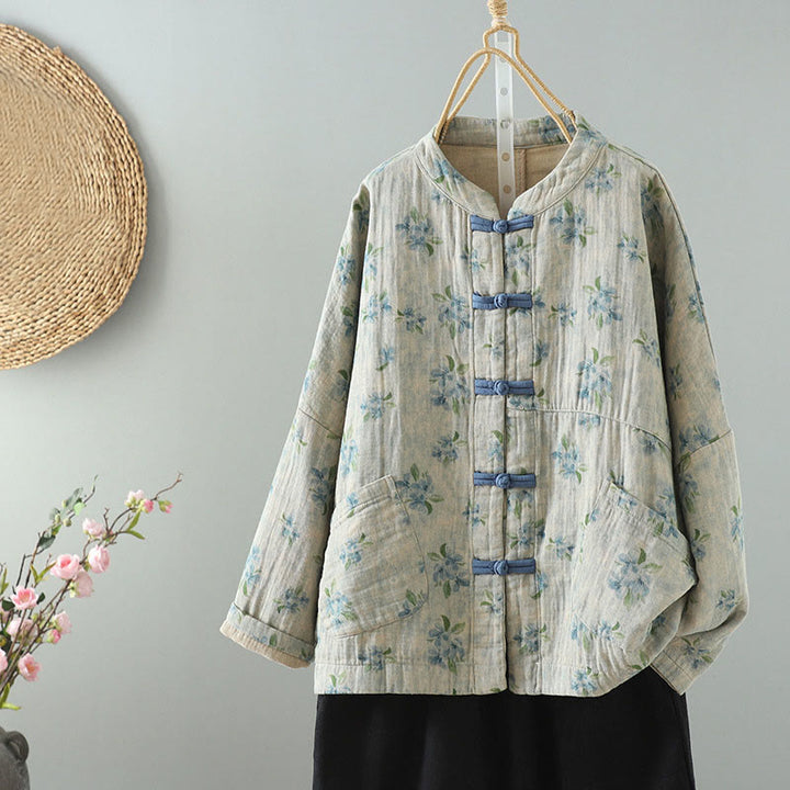 Chaqueta de poliéster de manga larga con botones de rana y bolsillos para mujer con estampado floral de Buddha Stones - Cian claro - US14，UK/AU18，EU46 (2XL) - image 16