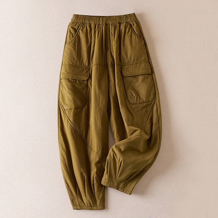 Pantalones harén de algodón gruesos con bolsillos y relleno de algodón liso Buddha Stones para mujer - Vara de oro oscura - US8-10，UK/AU12-14，EU40-42 (2XL) - image 1