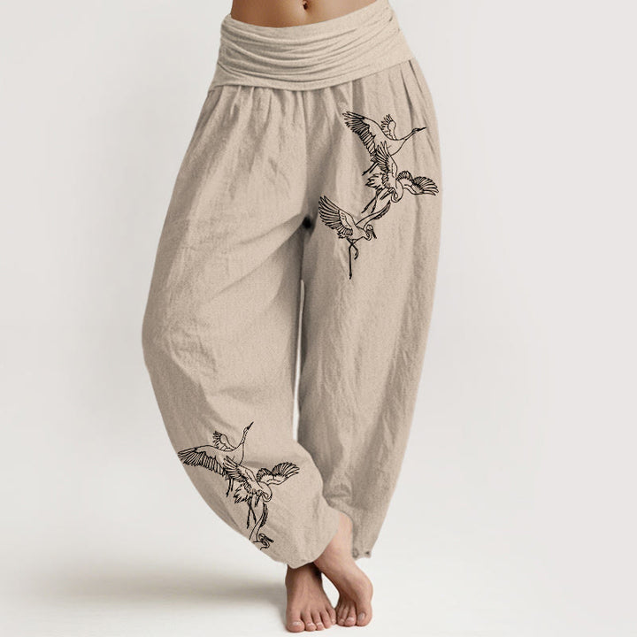 Pantalones harén de algodón con cintura elástica para mujer con estampado de grullas voladoras y Buddha Stones - Broncearse - US22，UK/AU26，EU54 (6XL) - image 11