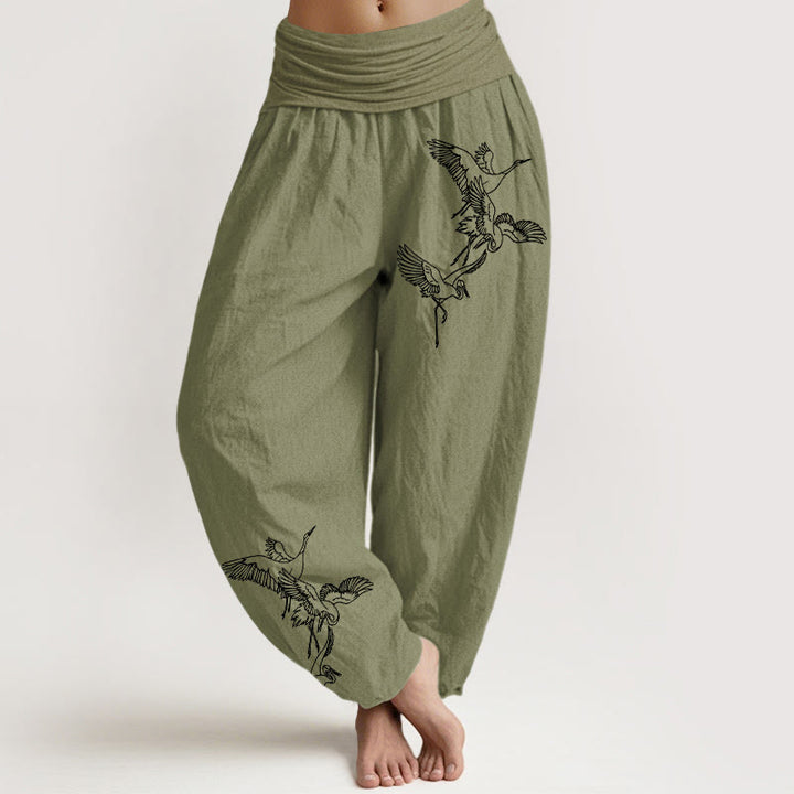 Pantalones harén de algodón con cintura elástica para mujer con estampado de grullas voladoras y Buddha Stones - Verde oliva - US22，UK/AU26，EU54 (6XL) - image 14