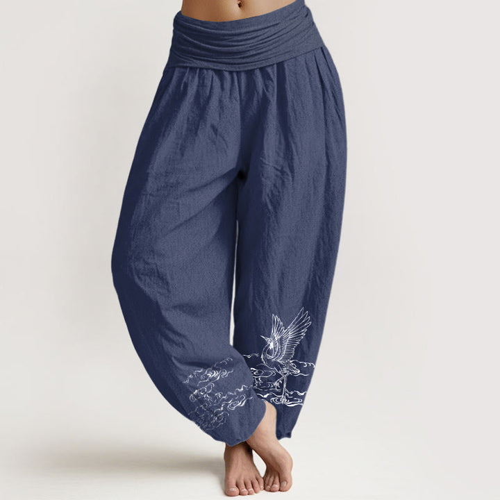 Pantalones harén de algodón con cintura elástica para mujer, con estampado de grullas y piedras de Buddha Stones y agua fluyente - Azul pizarra oscuro - US22，UK/AU26，EU54 (6XL) - image 0