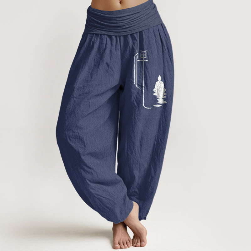 Pantalones harén de algodón con cintura elástica para mujer con estampado budista zen y Buddha Stones de Buda - Azul pizarra oscuro - US22，UK/AU26，EU54 (6XL) - image 0