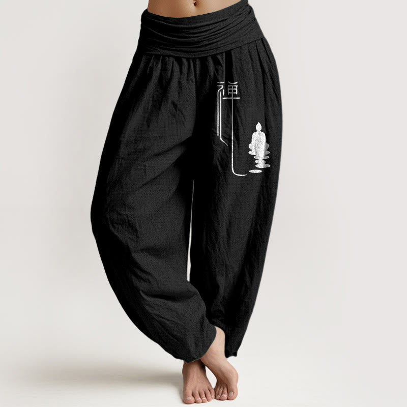 Pantalones harén de algodón con cintura elástica para mujer con estampado budista zen y Buddha Stones de Buda - Negro - US22，UK/AU26，EU54 (6XL) - image 5