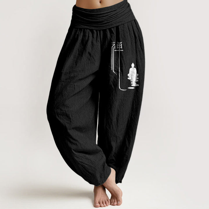 Pantalones harén de algodón con cintura elástica para mujer con estampado budista zen y Buddha Stones de Buda - Negro - US22，UK/AU26，EU54 (6XL) - image 5