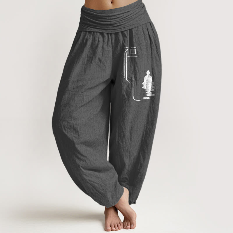 Pantalones harén de algodón con cintura elástica para mujer con estampado budista zen y Buddha Stones de Buda - Gris oscuro - US22，UK/AU26，EU54 (6XL) - image 8