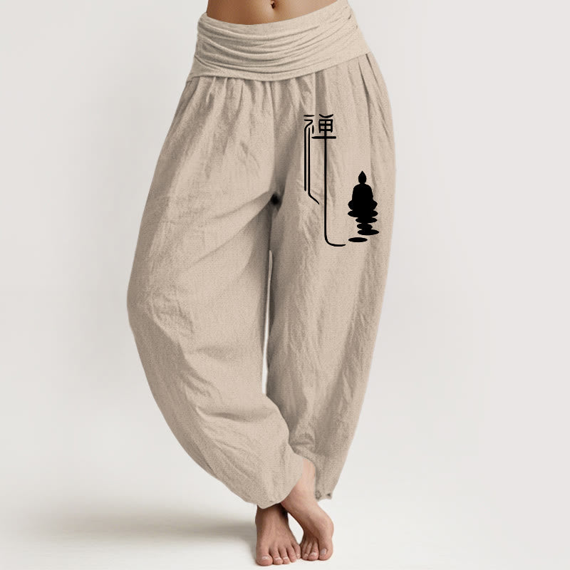 Pantalones harén de algodón con cintura elástica para mujer con estampado budista zen y Buddha Stones de Buda - Broncearse - US22，UK/AU26，EU54 (6XL) - image 11