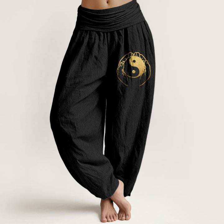 Pantalones harén de algodón con cintura elástica para mujer con diseño de mano Yin Yang y Buddha Stones - Negro - US22，UK/AU26，EU54 (6XL) - image 0