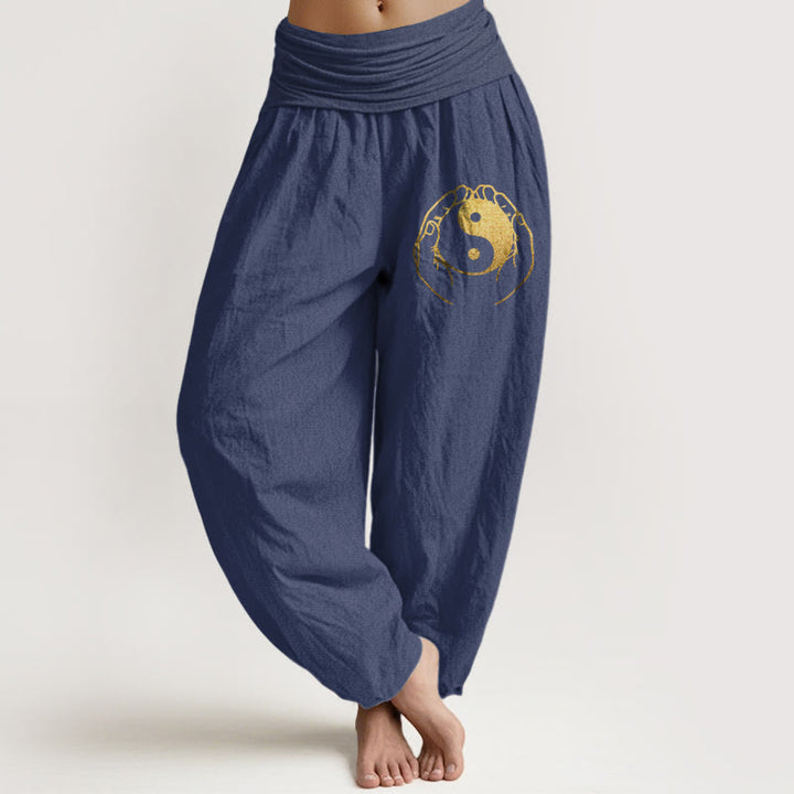 Pantalones harén de algodón con cintura elástica para mujer con diseño de mano Yin Yang y Buddha Stones - Azul pizarra oscuro - US22，UK/AU26，EU54 (6XL) - image 5
