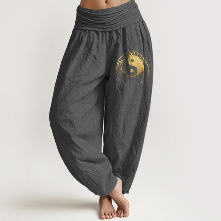 Pantalones harén de algodón con cintura elástica para mujer con diseño de mano Yin Yang y Buddha Stones - Gris tenue - US22，UK/AU26，EU54 (6XL) - image 8