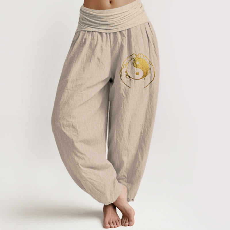 Pantalones harén de algodón con cintura elástica para mujer con diseño de mano Yin Yang y Buddha Stones - Broncearse - US22，UK/AU26，EU54 (6XL) - image 11